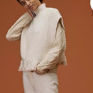 Anthropologie Off White Mock Neck Buttoned Poncho with Fringes.